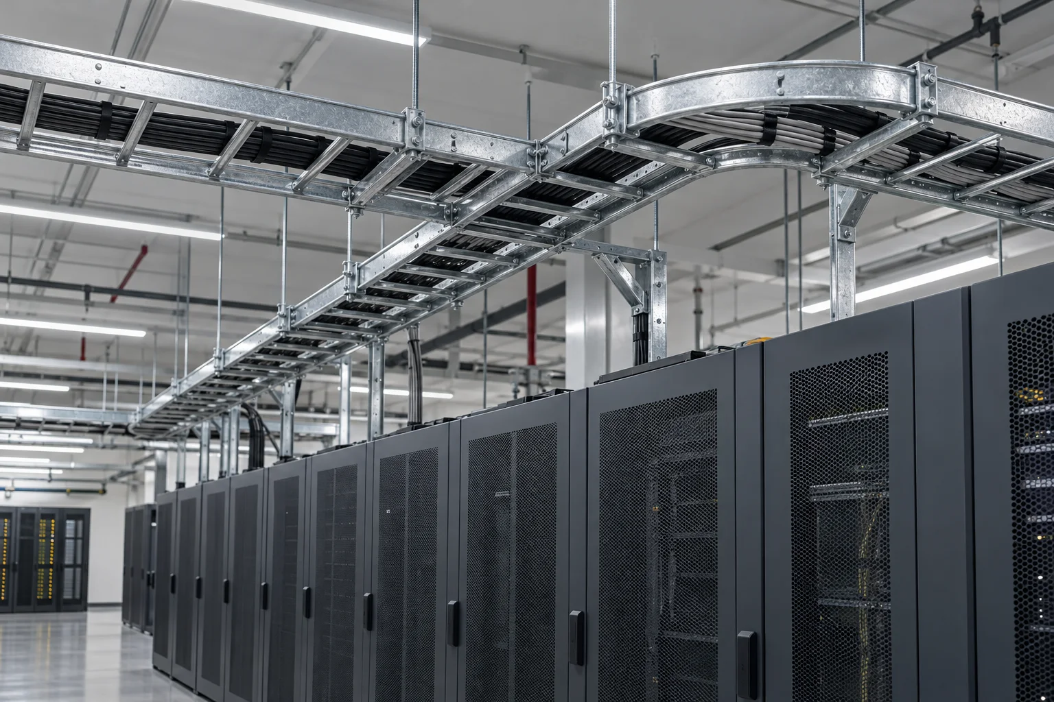 Cable tray routes above communications equipment racks