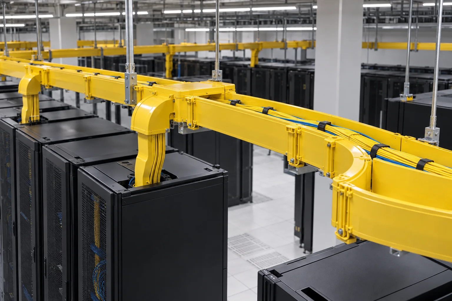 Overhead fiber raceway protecting cables above equipment racks