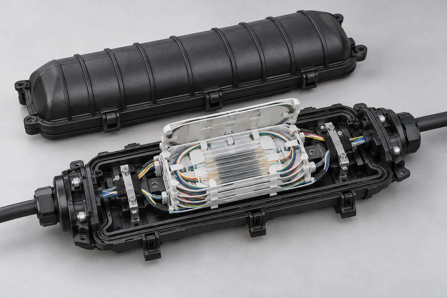 Open fiber optic splice closure with organized trays